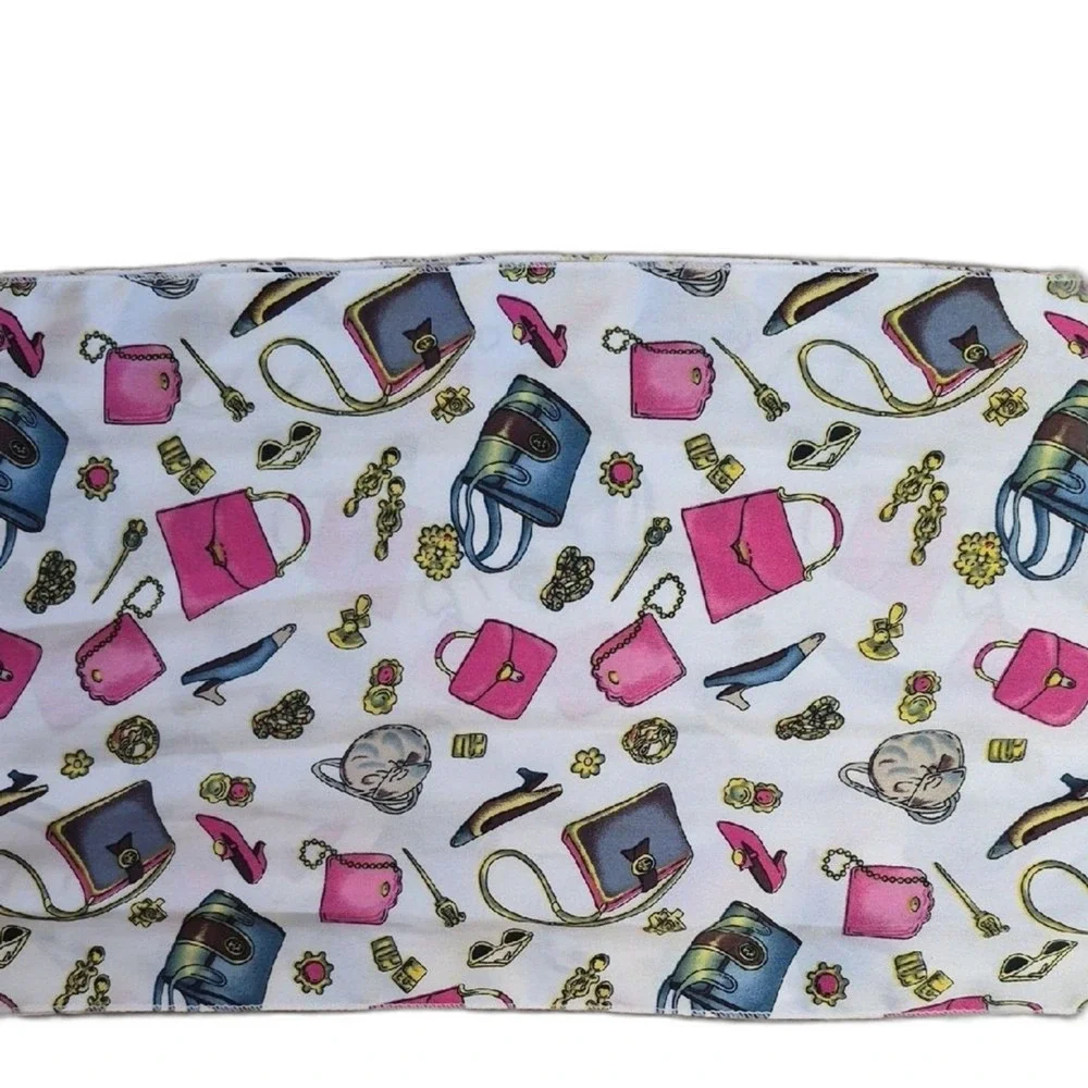 Vintage Novelty Print Silk Scarf White Pink Retro Camera Sunglasses Makeup